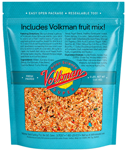 Back of Volkman Seed Company Avian Science Super Parakeet Bird Treat 4-lb
