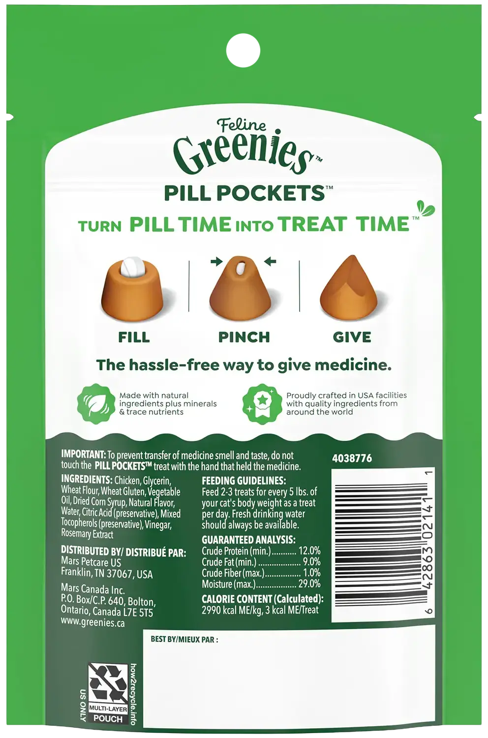 Back of Greenies Feline Pill Pockets Cat Treats Chicken 1.6-oz 45 Count