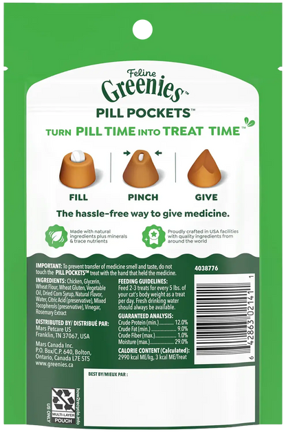 Back of Greenies Feline Pill Pockets Cat Treats Chicken 1.6-oz 45 Count