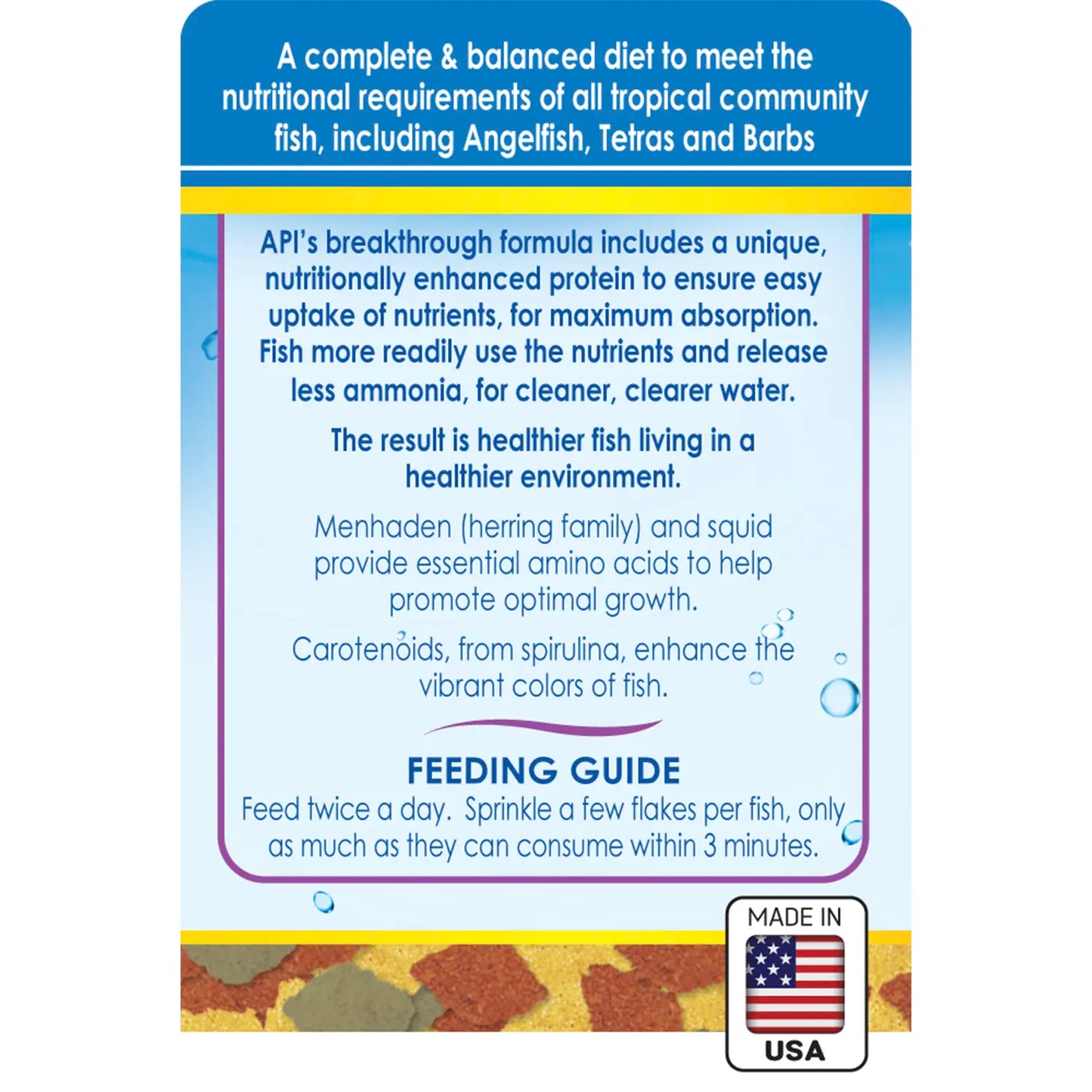 Back of API Tropical Premium Flakes Fish Food 1.1-oz