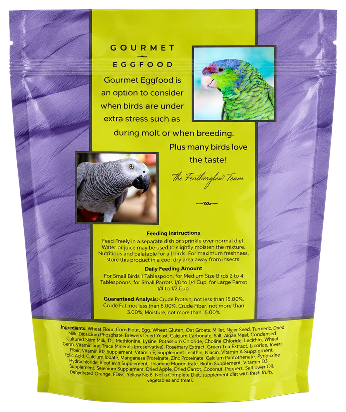 Back of Volkman Seed Company Featherglow Gourmet Egg Food Supplement 2-lb