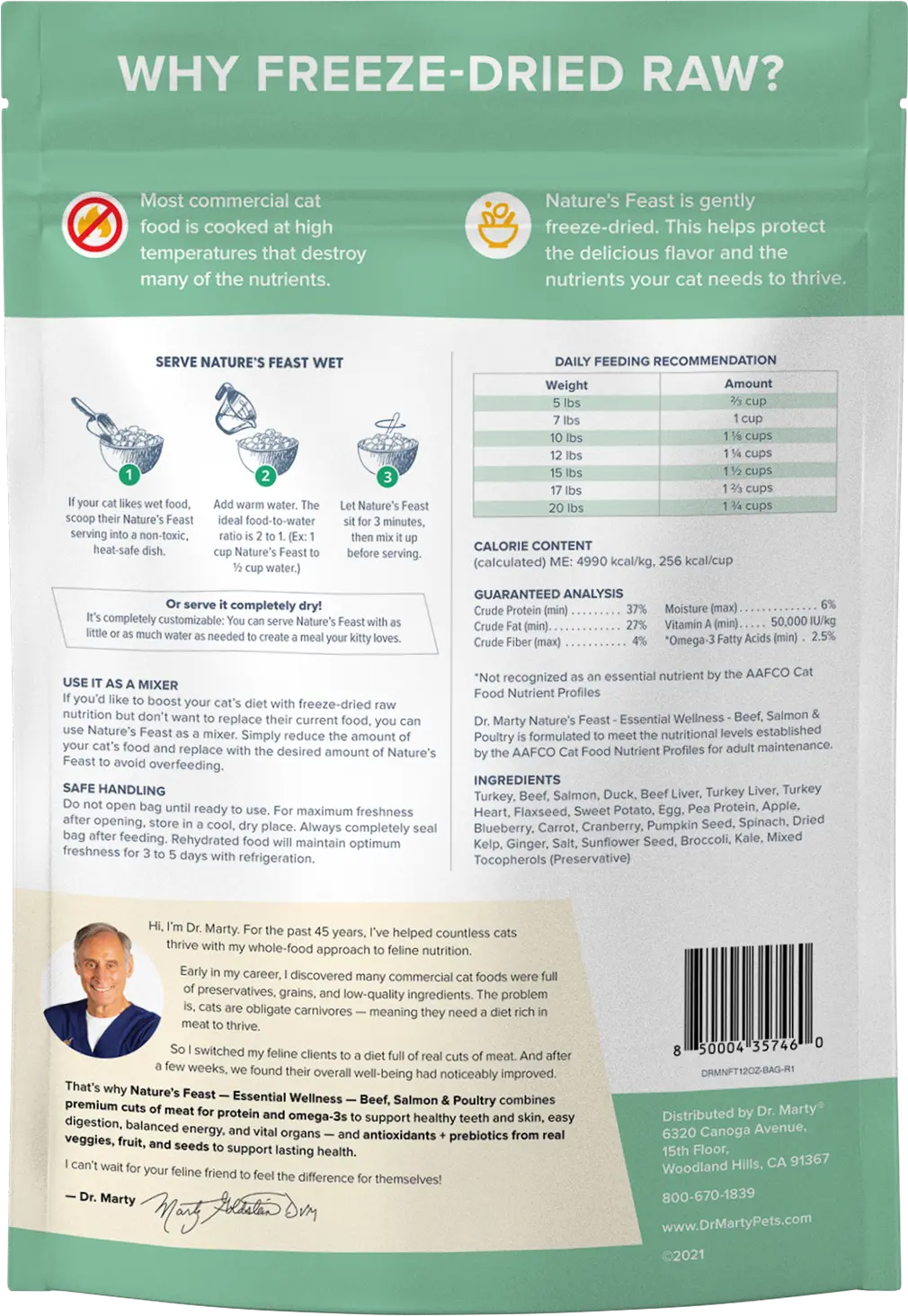 Back of Dr. Marty Nature's Feast Essential Wellness Premium Freeze-Dried Raw Adult Cat Food Poultry, Beef, & Salmon 12-oz