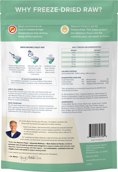 Back of Dr. Marty Nature's Feast Essential Wellness Premium Freeze-Dried Raw Adult Cat Food Poultry, Beef, & Salmon 12-oz