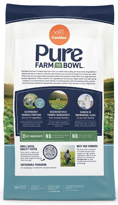 Back of Canidae Pure Goodness Grain-Free Limited Ingredient Adult Dry Dog Food Lamb, Goat & Venison Meals Recipe 4-lb