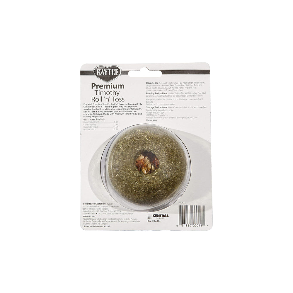 Back of Kaytee Premium Timothy Roll'n'Toss Toy & Treat Combo