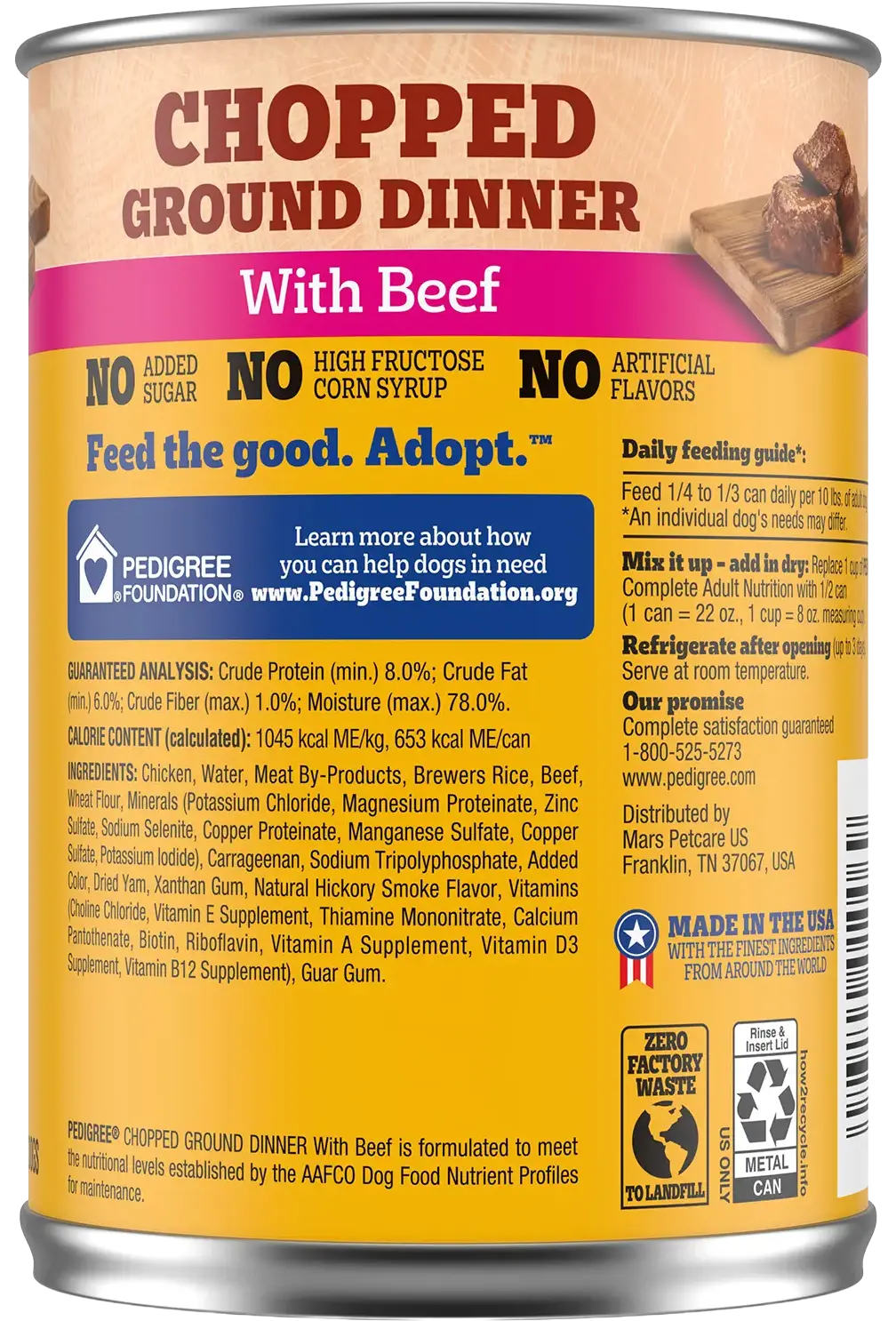 Back of Pedigree Chopped Ground Dinner Adult Wet Dog Food Beef 22-oz