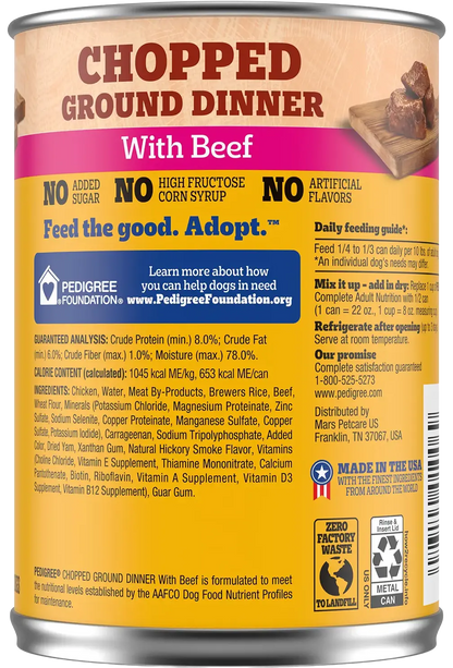 Back of Pedigree Chopped Ground Dinner Adult Wet Dog Food Beef 22-oz