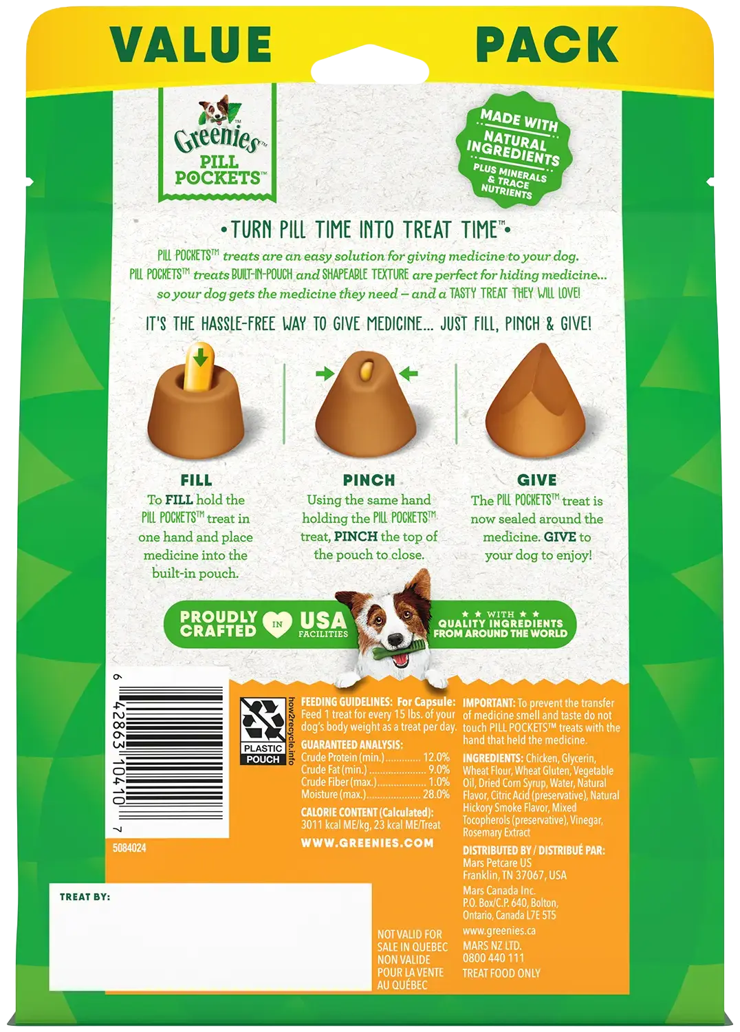 Back of Greenies Capsule Pill Pockets Dog Treats Chicken 15.8-oz 60 Count
