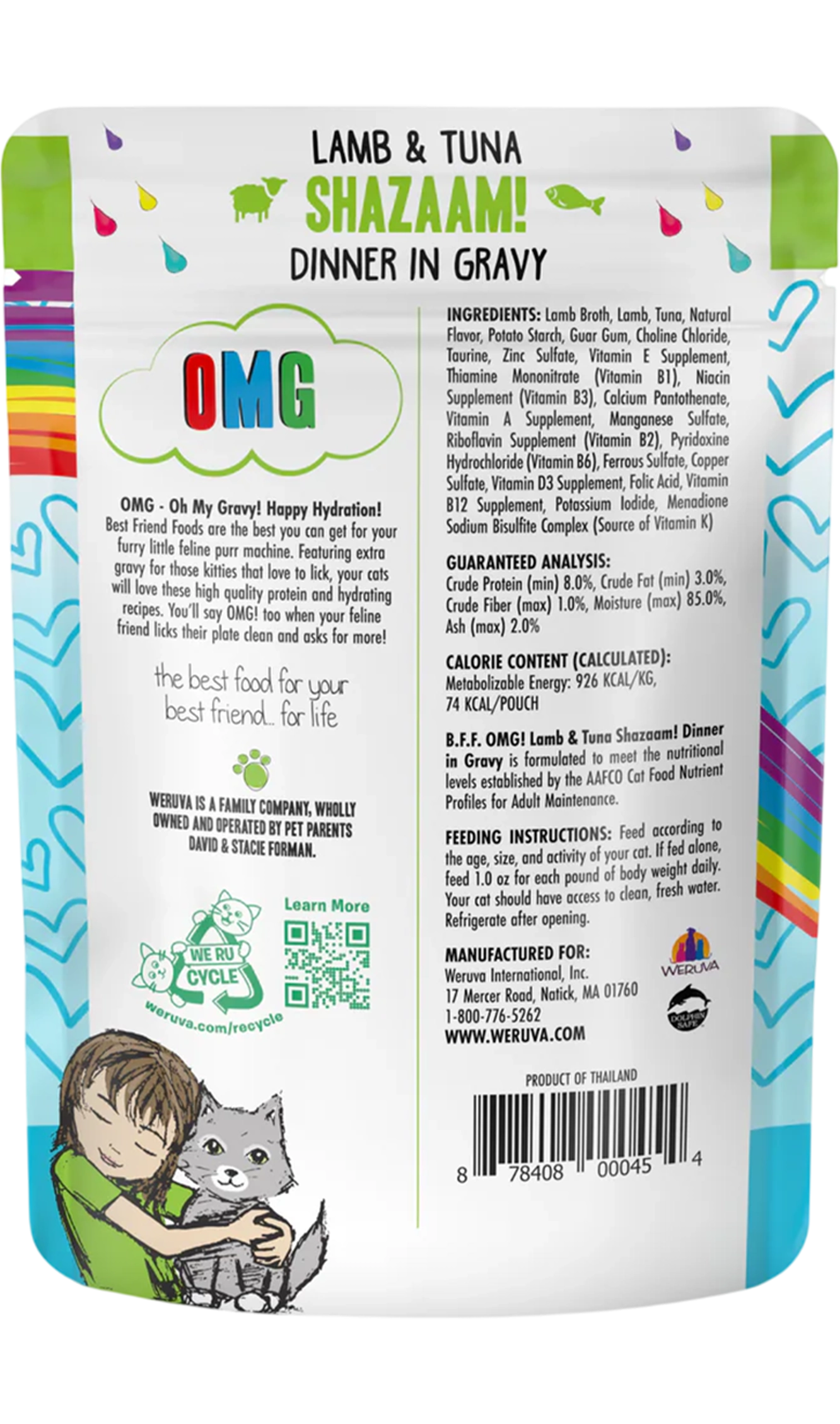 Back of Weruva B.F.F. OMG Lamb & Tuna Shazaam! Dinner in Gravy Wet Cat Food Pouches 2.8-oz
