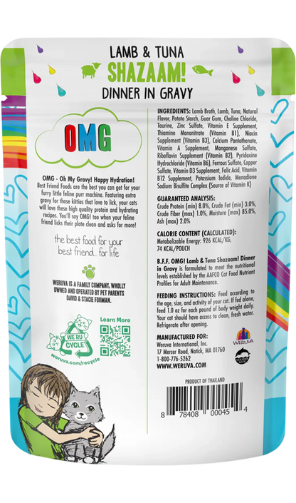 Back of Weruva B.F.F. OMG Lamb & Tuna Shazaam! Dinner in Gravy Wet Cat Food Pouches 2.8-oz