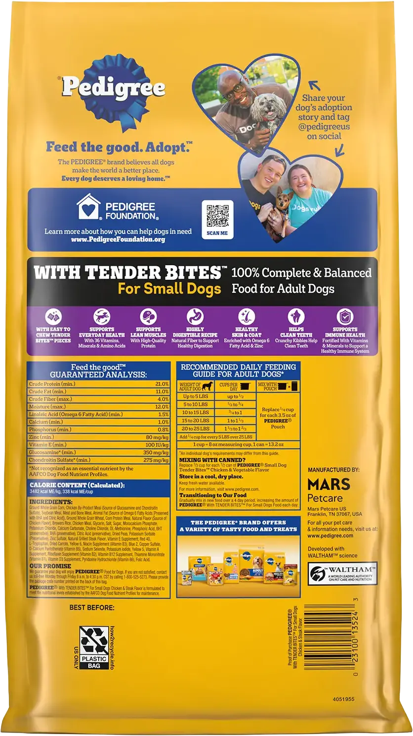 Back of Pedigree Complete Nutrition Tender Bites Small Breed Adult Dry Dog Food Chicken & Steak 3.5-lb