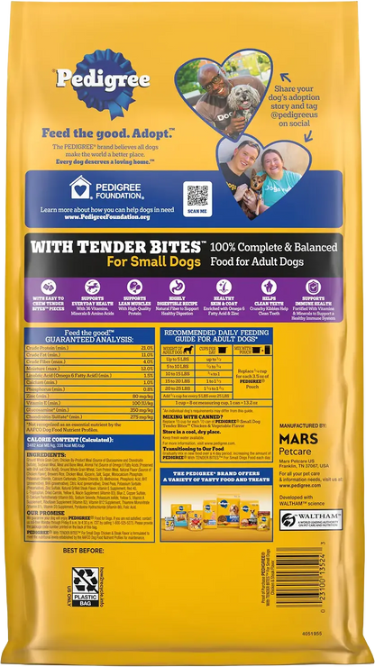 Back of Pedigree Complete Nutrition Tender Bites Small Breed Adult Dry Dog Food Chicken & Steak 3.5-lb