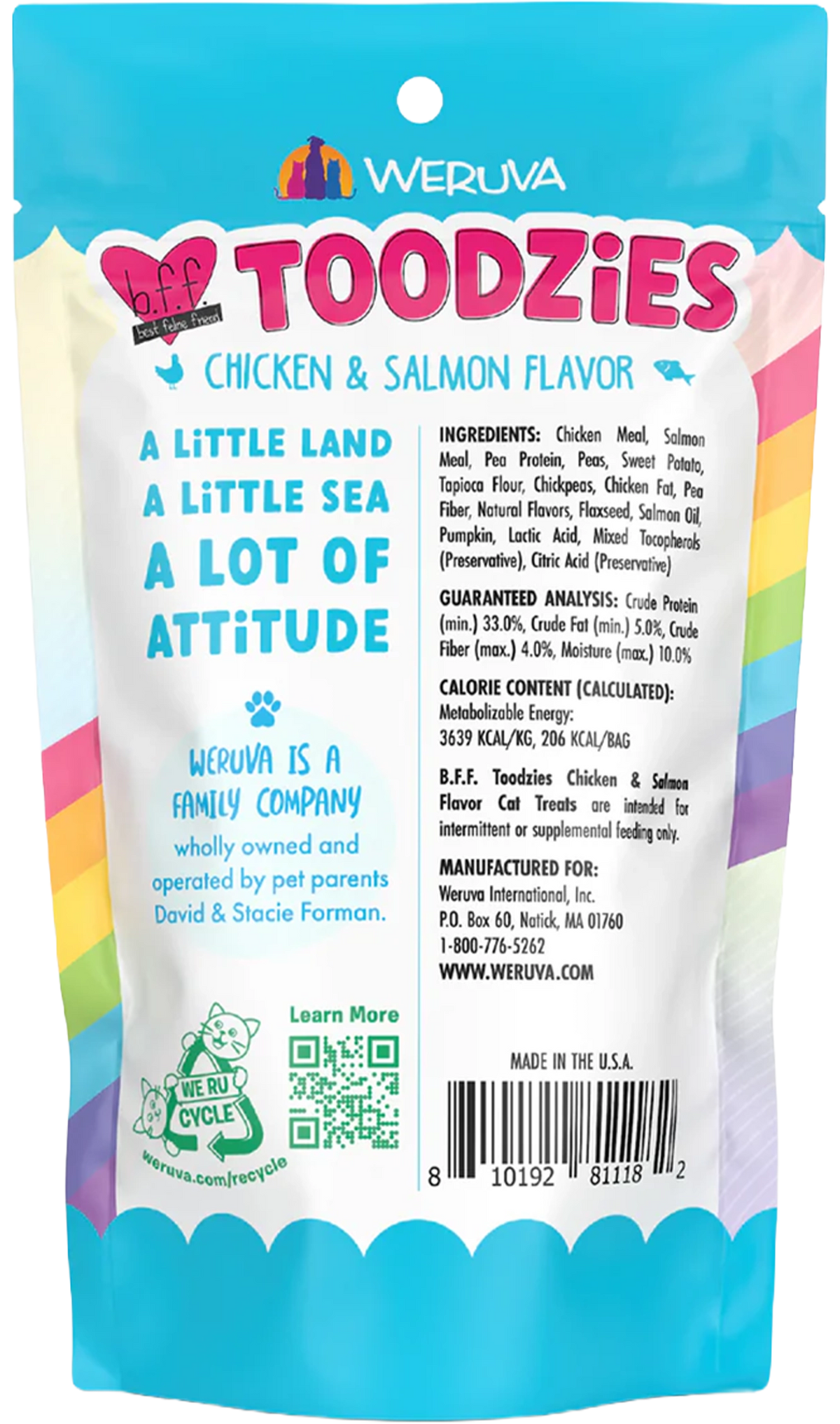Back of Weruva B.F.F. Toodzies Crunchy Chicken & Salmon Cat Treats 2-oz