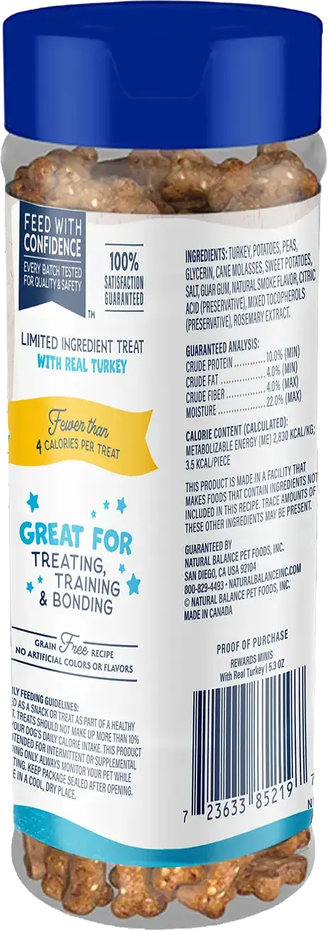 Back of Natural Balance Pet Foods Rewards Minis Soft & Meaty Dog Treats Turkey 5.3-oz