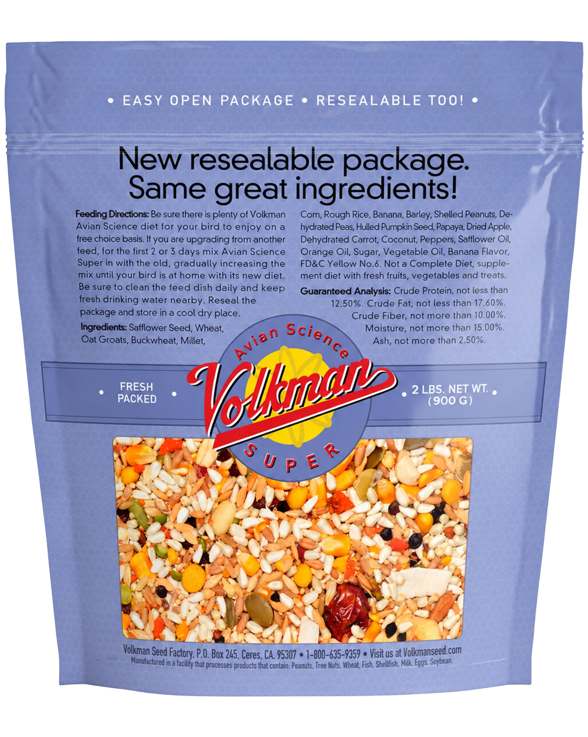 Back of Volkman Seed Company Avian Science Super Hookbill Bird Treat 2-lb