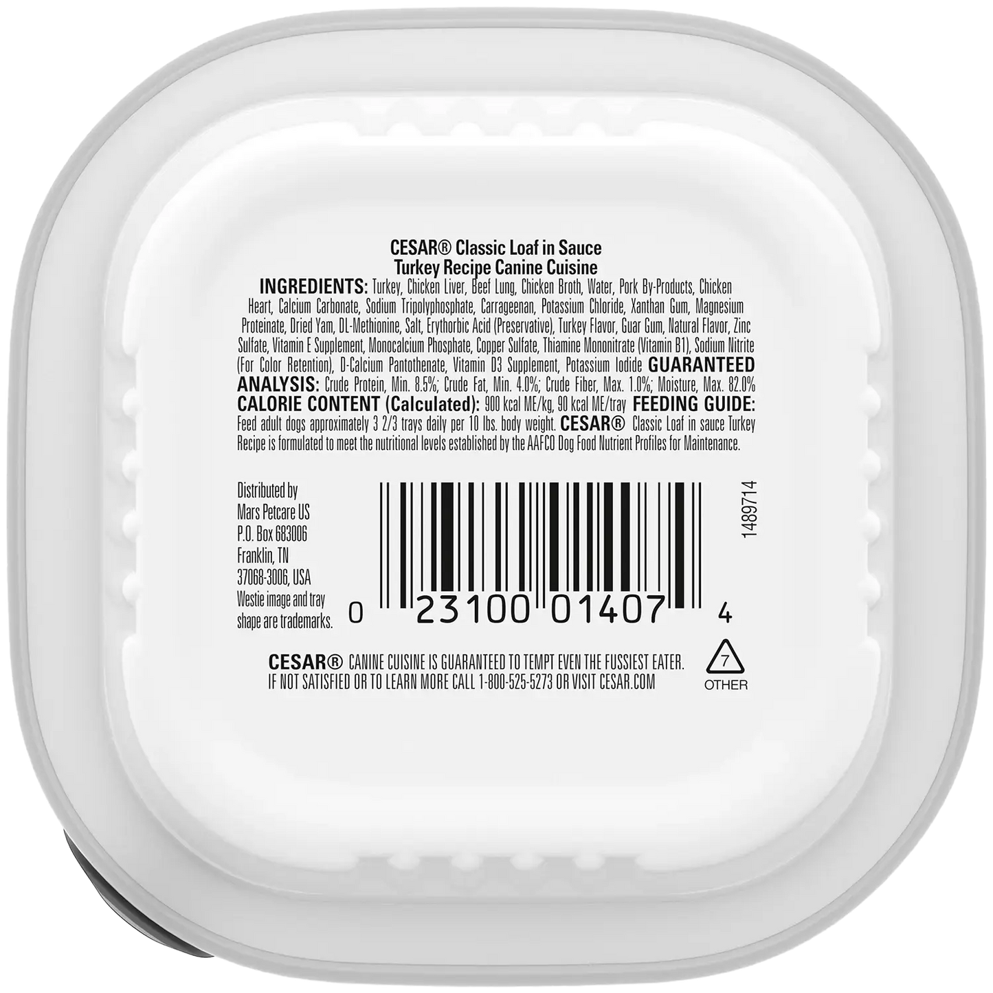 Back of Cesar Classic Loaf in Sauce Adult Wet Dog Food Turkey 3.5-oz