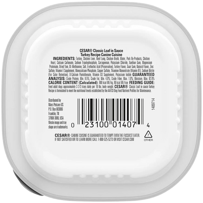 Back of Cesar Classic Loaf in Sauce Adult Wet Dog Food Turkey 3.5-oz