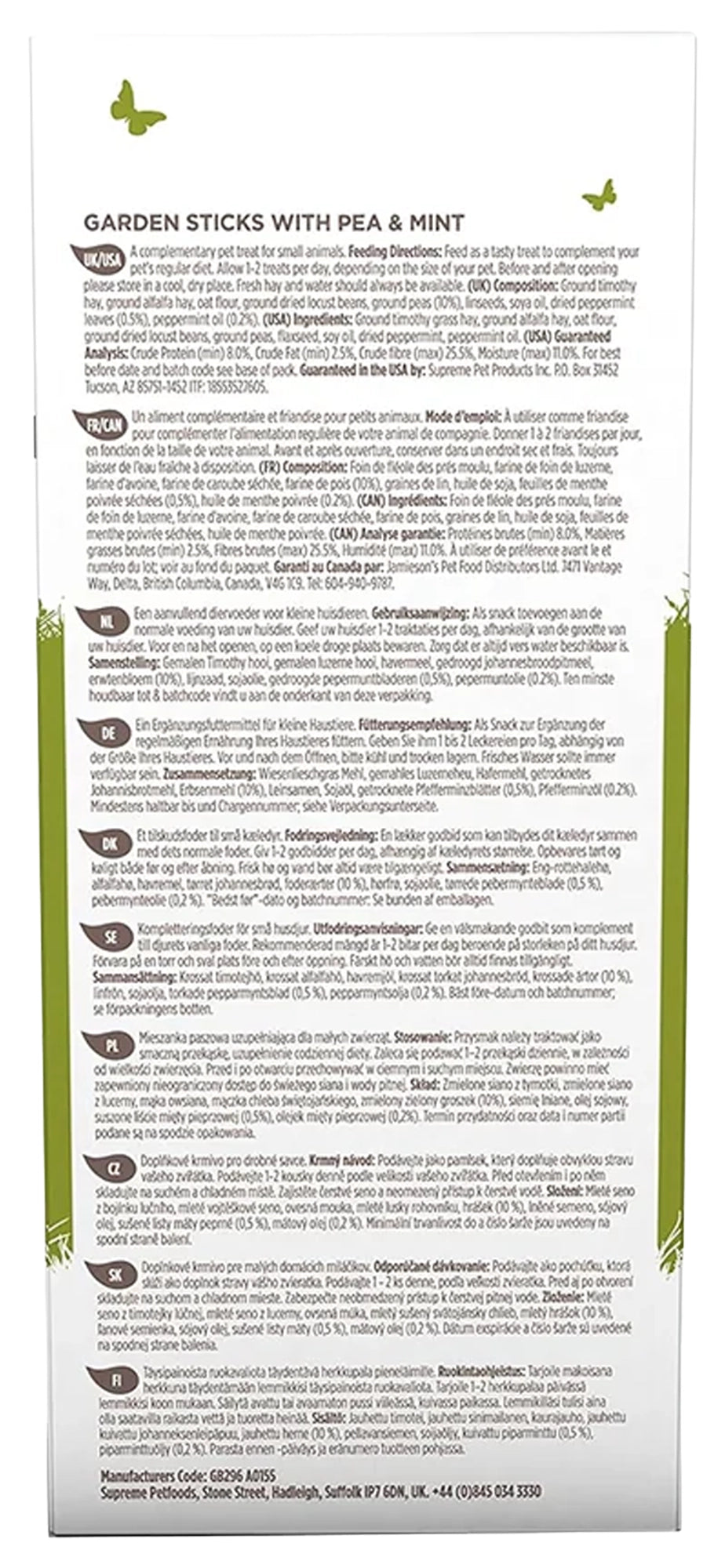 Back of Science Selective Garden Sticks with Pea & Mint Rabbit Treats 2.1-oz