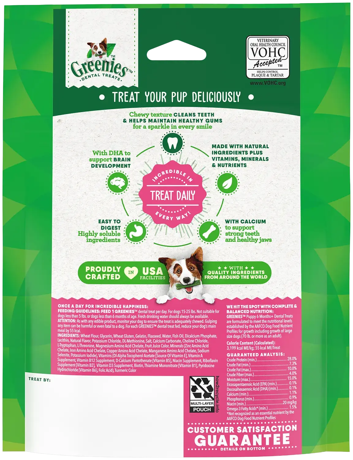 Back of Greenies Puppy Dental Dog Treats Petite 10 Count 6-oz