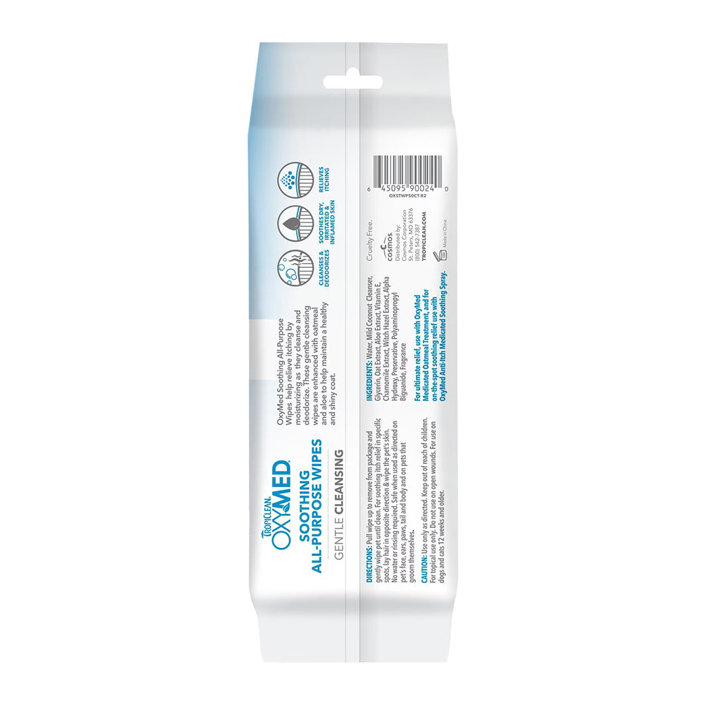 Back of TropiClean OxyMed Soothing All-Purpose Wipes for Dogs & Cats 50 Count