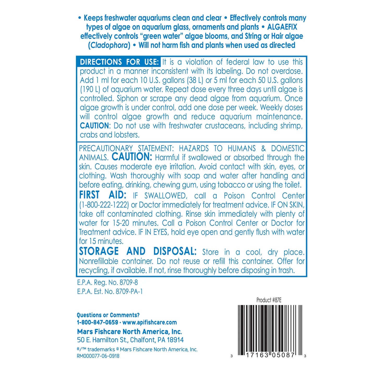 Back of API AlgaeFix Freshwater Aquarium Algaecide 16-oz