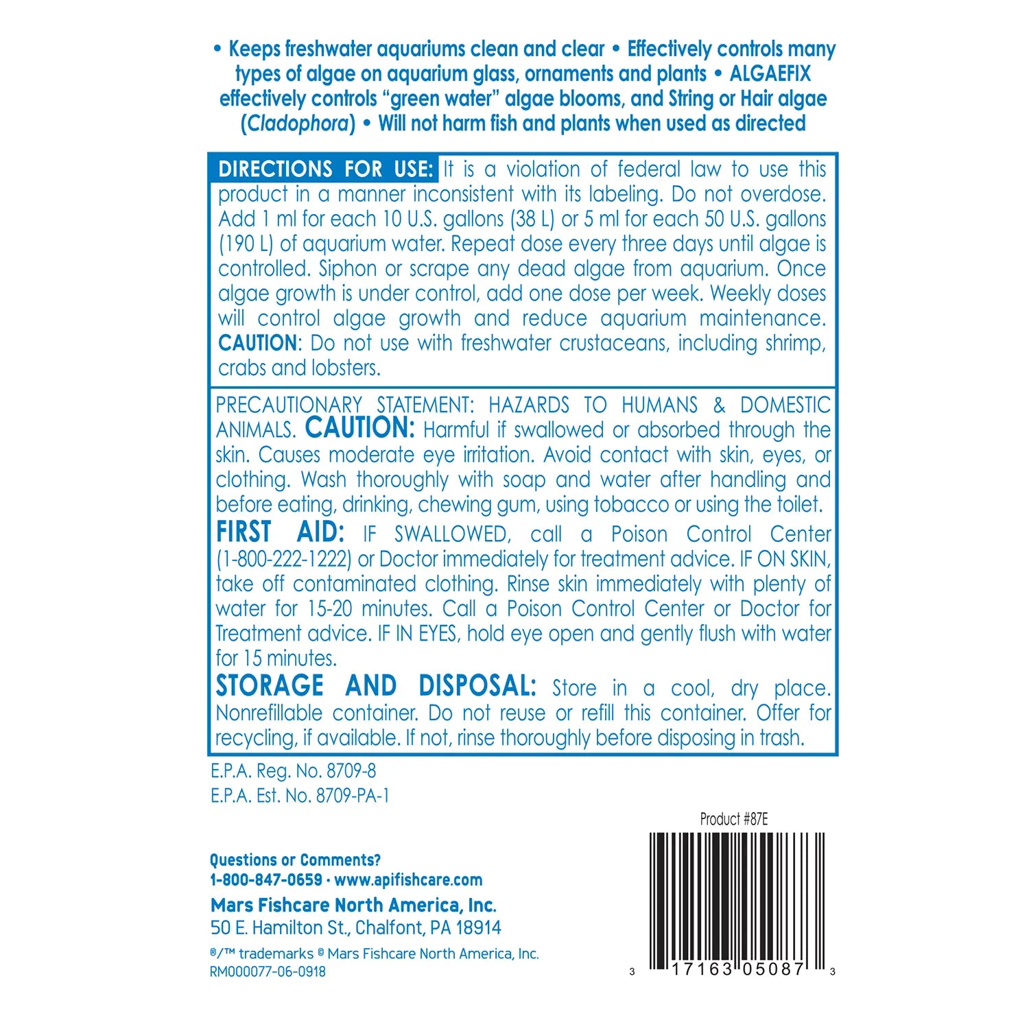 Back of API AlgaeFix Freshwater Aquarium Algaecide 16-oz