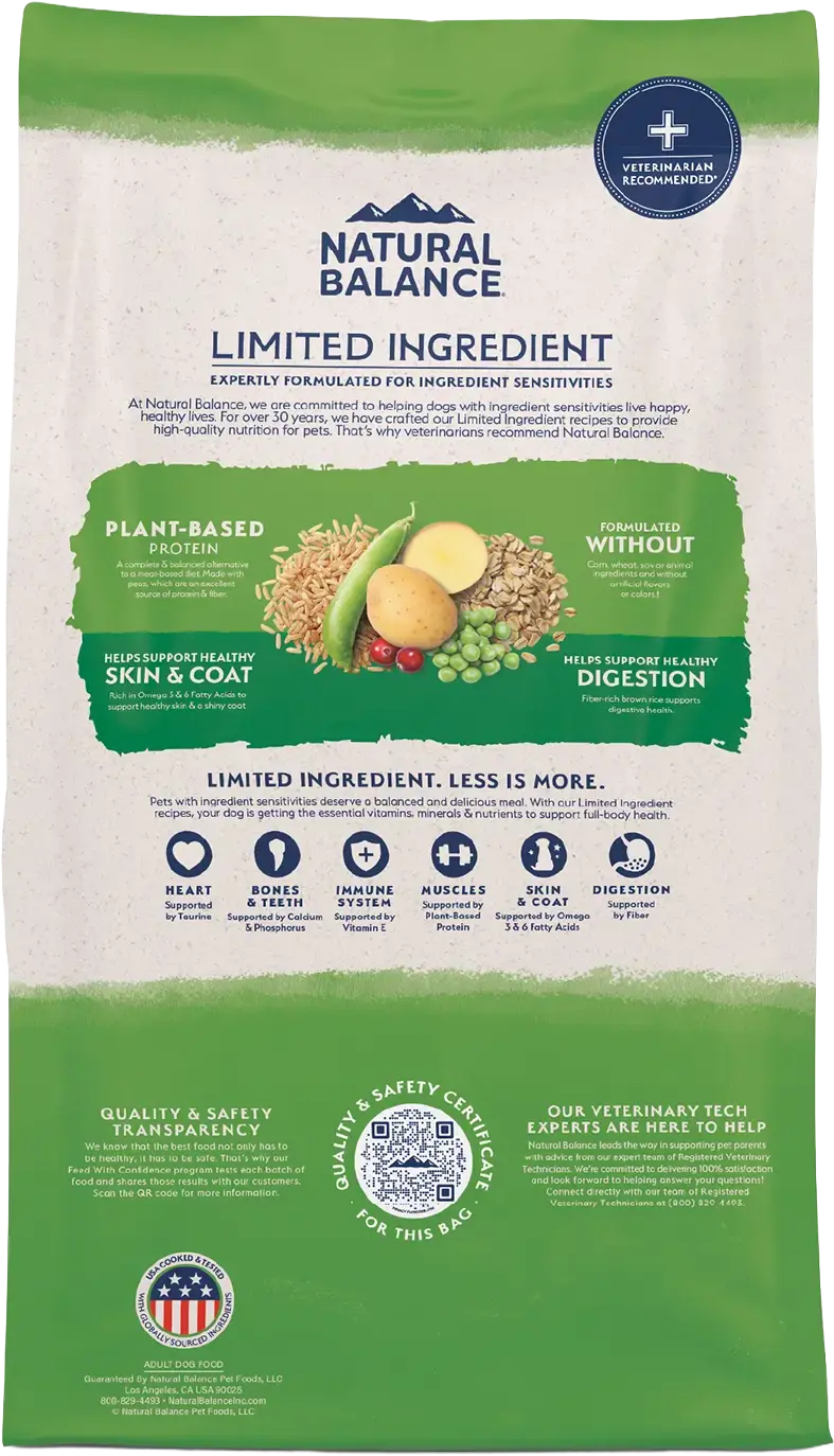 Back of Natural Balance Pet Foods L.I.D Plant Powered Vegan-Friendly Vegetarian Recipe Dry Dog Food 4-lb