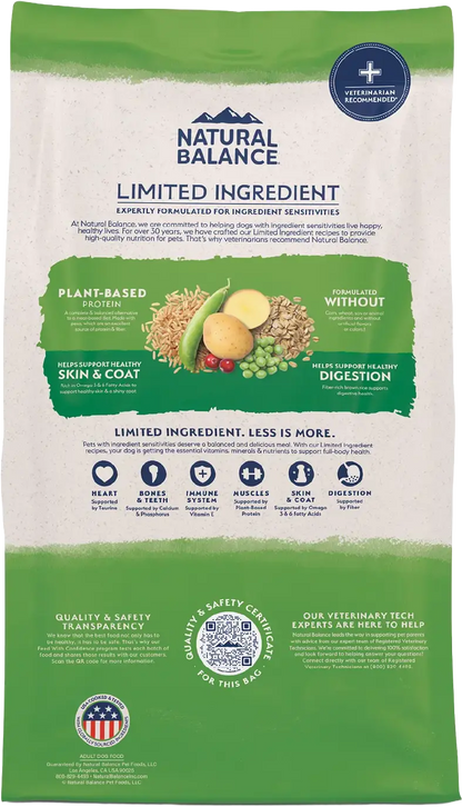Back of Natural Balance Pet Foods L.I.D Plant Powered Vegan-Friendly Vegetarian Recipe Dry Dog Food 4-lb