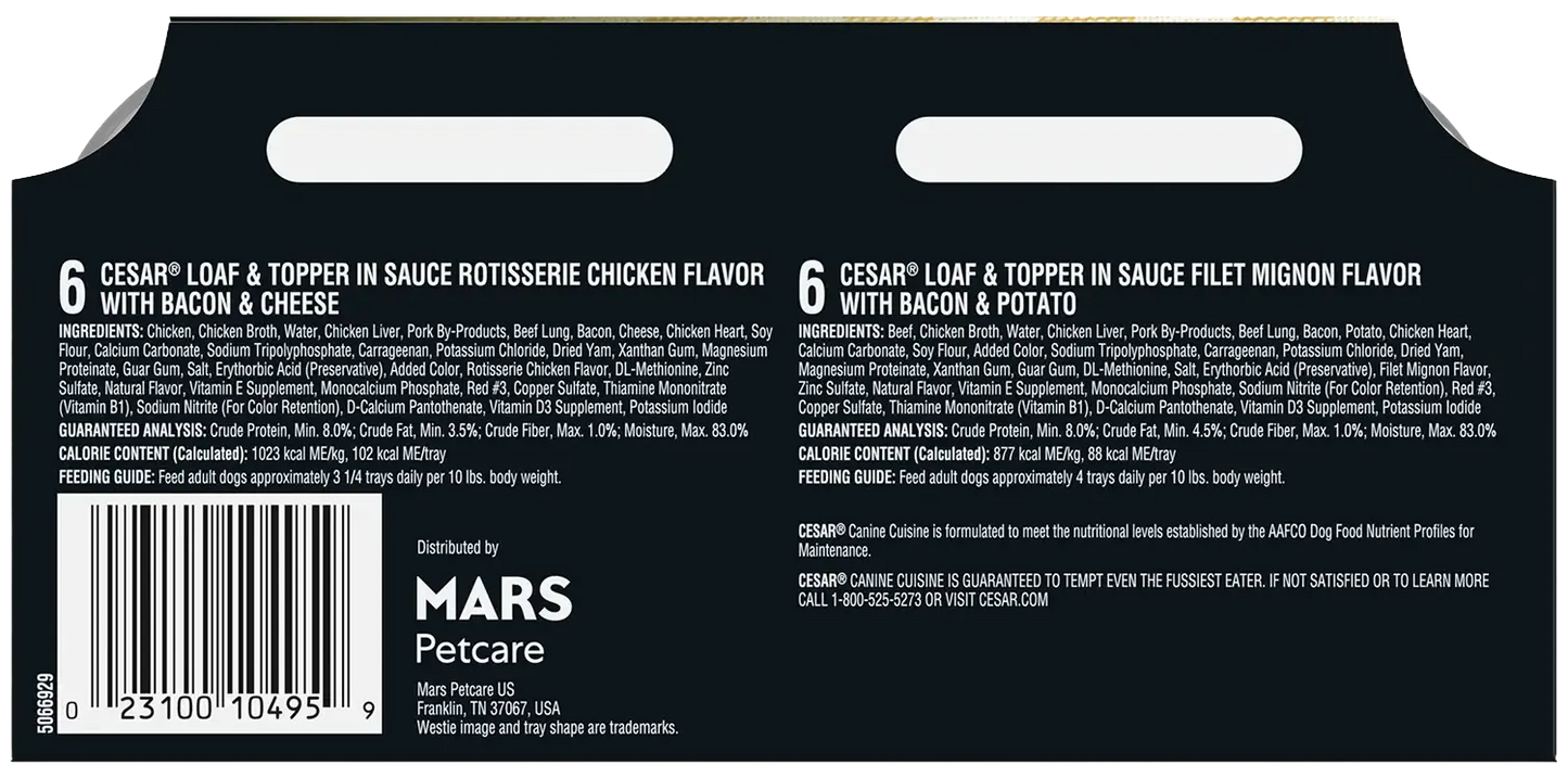 Back of Cesar Loaf & Topper in Sauce Adult Wet Dog Food Variety Pack Rotisserie Chicken, Filet Mignon 12 Count 3.5-oz