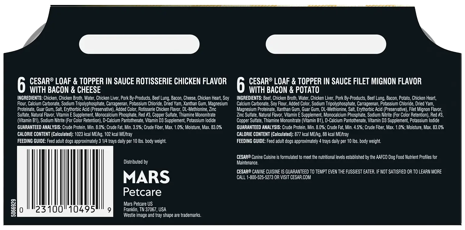 Back of Cesar Loaf & Topper in Sauce Adult Wet Dog Food Variety Pack Rotisserie Chicken, Filet Mignon 12 Count 3.5-oz