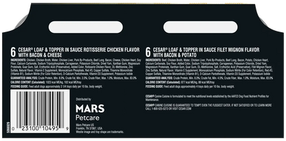 Back of Cesar Loaf & Topper in Sauce Adult Wet Dog Food Variety Pack Rotisserie Chicken, Filet Mignon 12 Count 3.5-oz