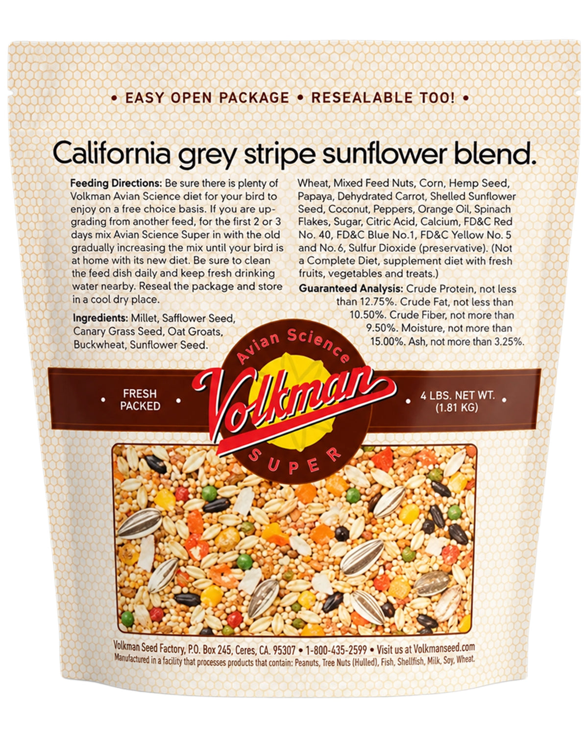 Back of Volkman Seed Company Avian Science Super Cockatiel Bird Treat with Sunflower Seed 4-lb