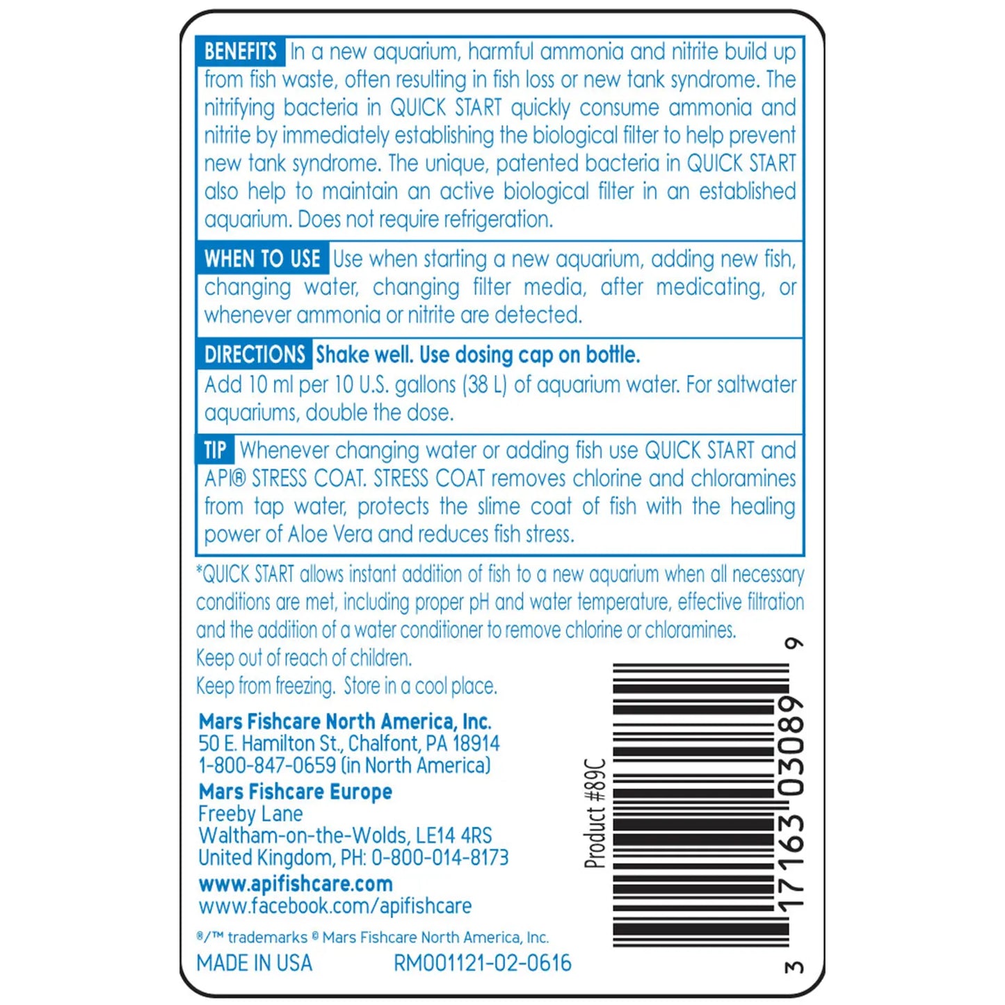 Back of API Quick Start Aquarium Water Conditioner 4-oz