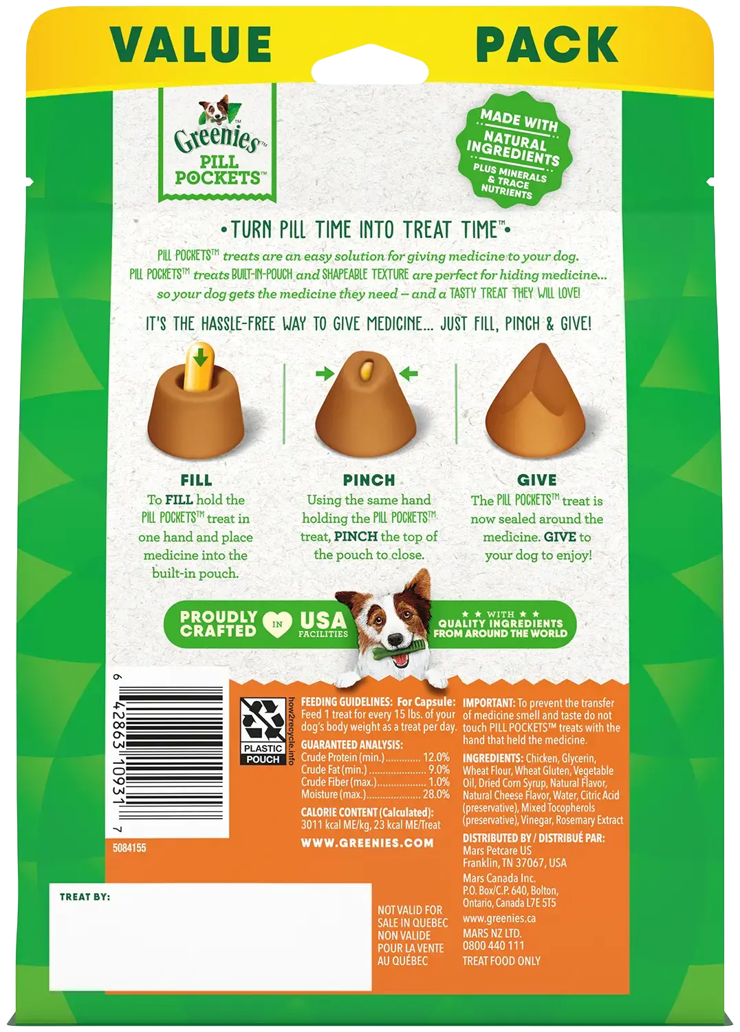 Back of Greenies Capsule Pill Pockets Dog Treats Cheese 15.8-oz 60 Count