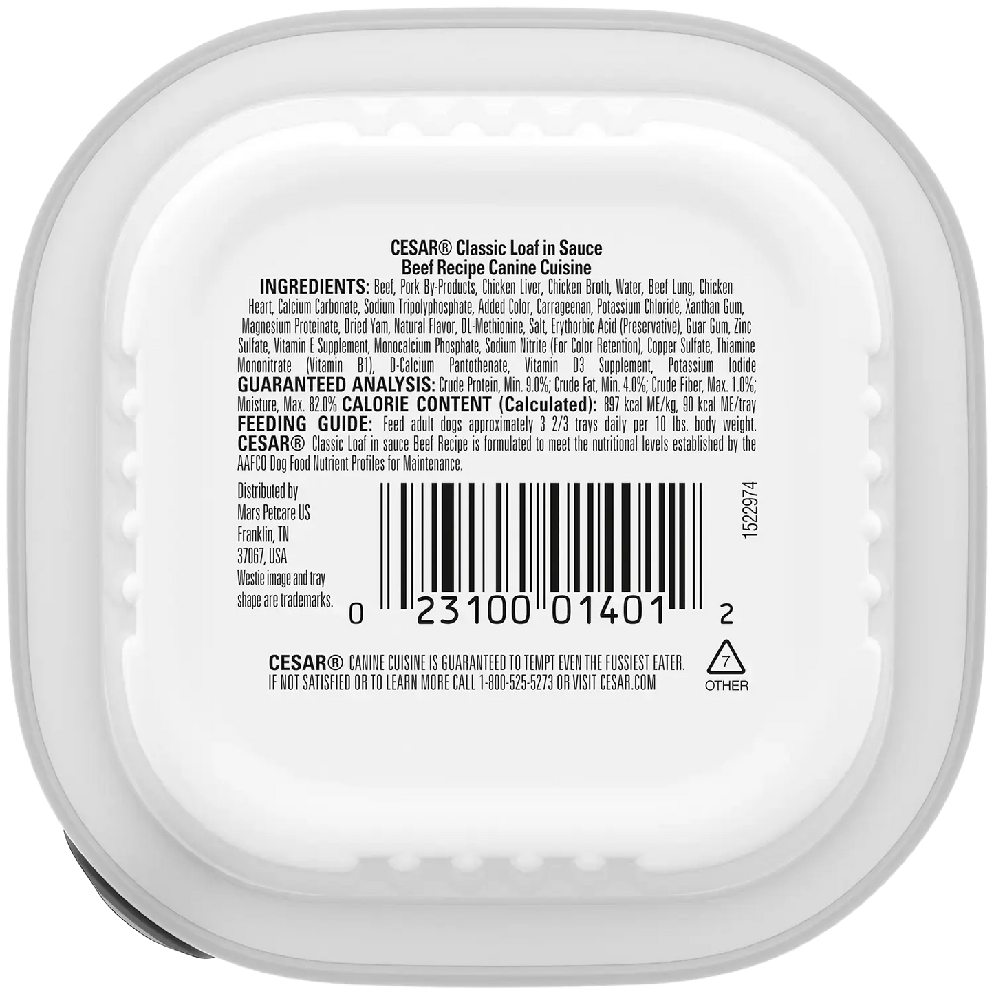 Back of Cesar Classic Loaf in Sauce Adult Wet Dog Food Beef 3.5-oz