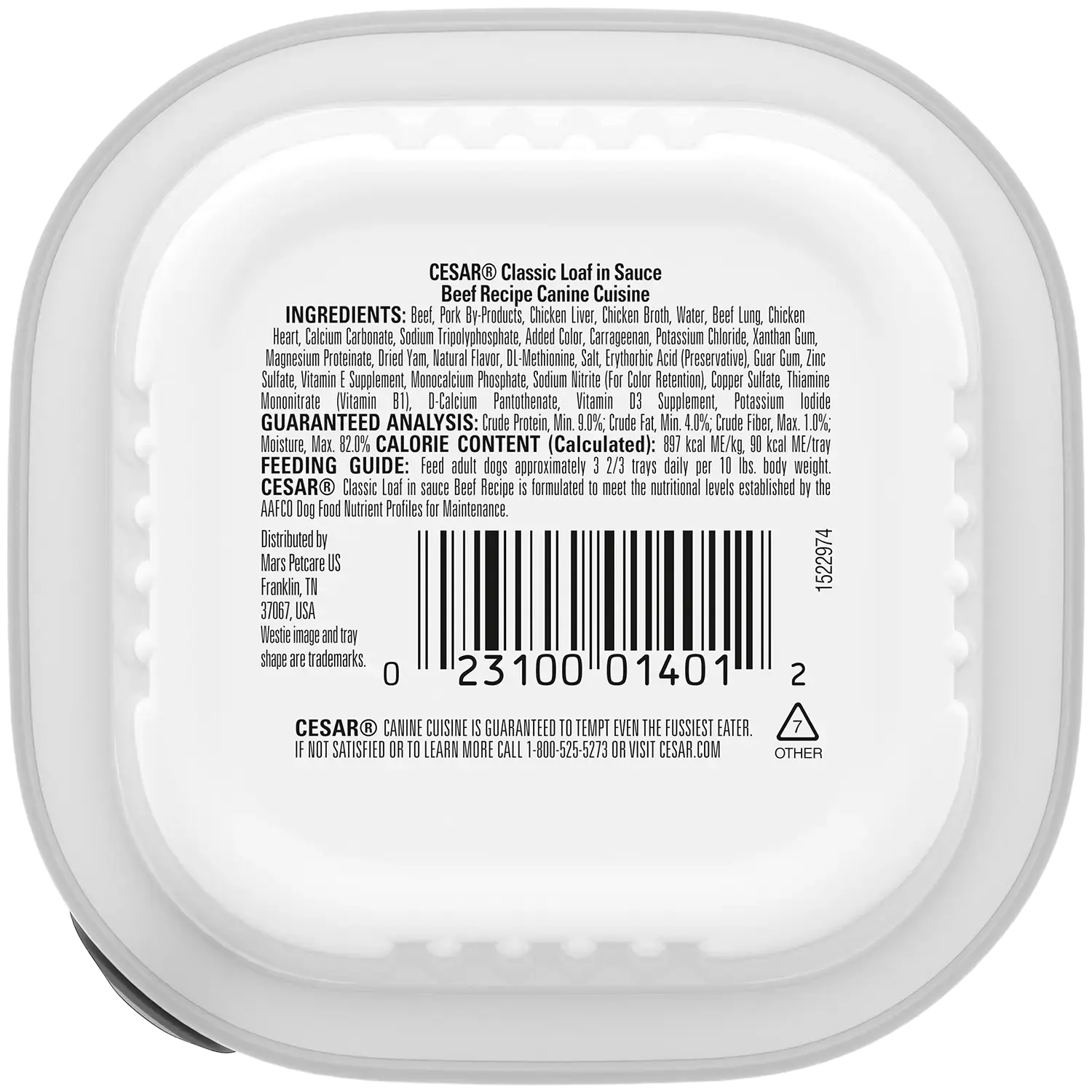 Back of Cesar Classic Loaf in Sauce Adult Wet Dog Food Beef 3.5-oz
