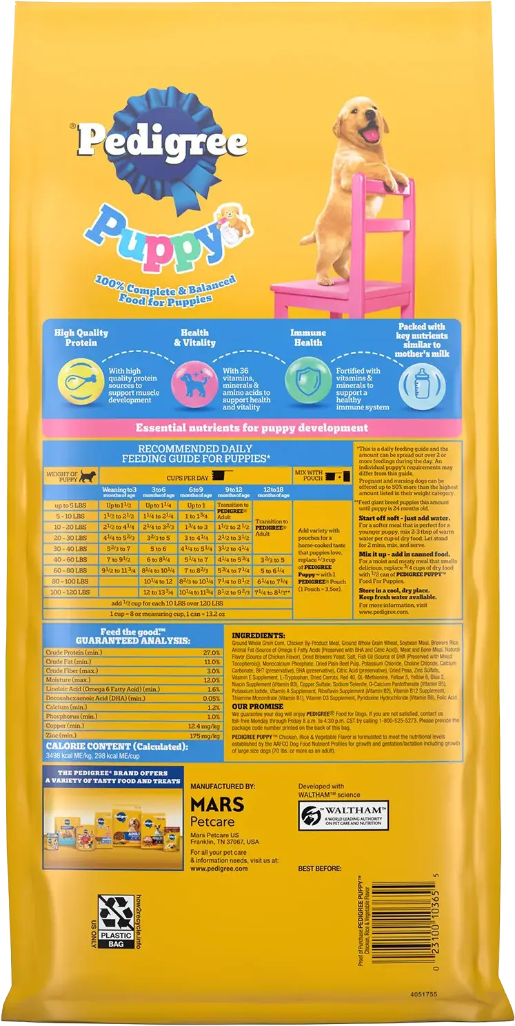 Back of Pedigree Puppy Growth & Protection Dry Dog Food Chicken & Vegetable 3.5-lb