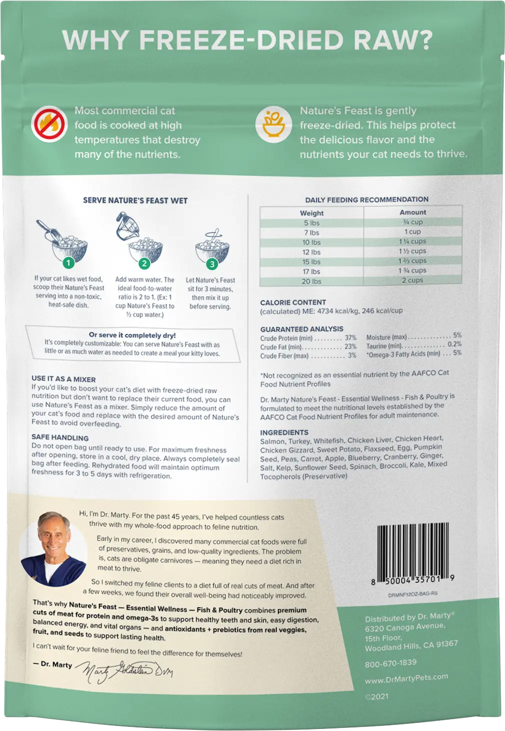 Back of Dr. Marty Nature's Feast Essential Wellness Premium Freeze-Dried Raw Adult Cat Food Fish & Poultry 12-oz