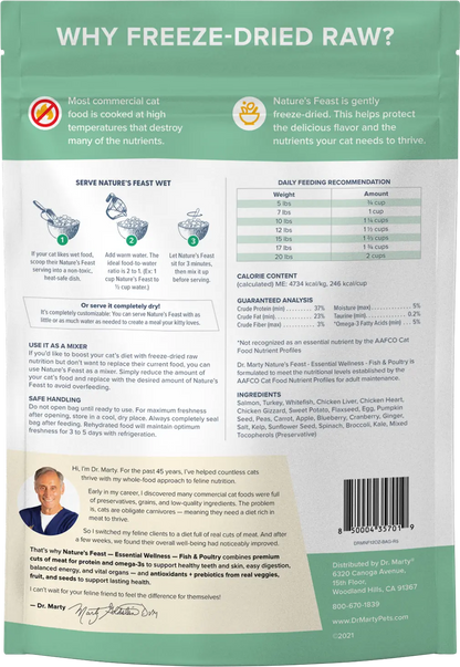 Back of Dr. Marty Nature's Feast Essential Wellness Premium Freeze-Dried Raw Adult Cat Food Fish & Poultry 12-oz
