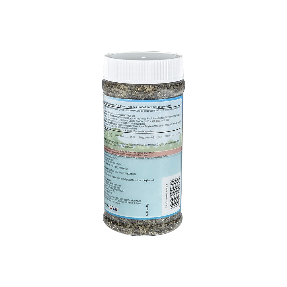 Back of Kaytee Hi-Calcium Grit Supplement for Small Birds 21-oz