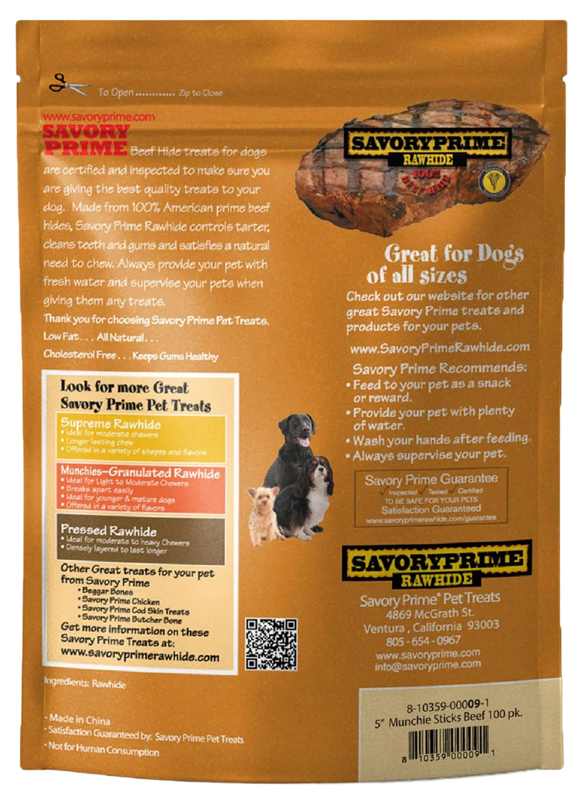 Back of Savory Prime Munchie Sticks Dog Treats Beef 5 inches 100 Count