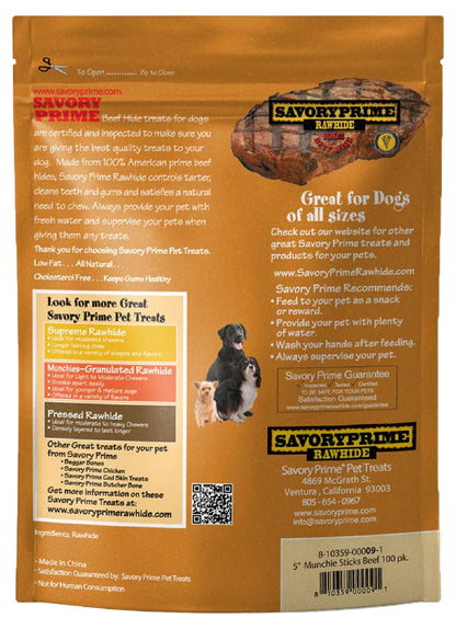 Back of Savory Prime Munchie Sticks Dog Treats Beef 5 inches 100 Count