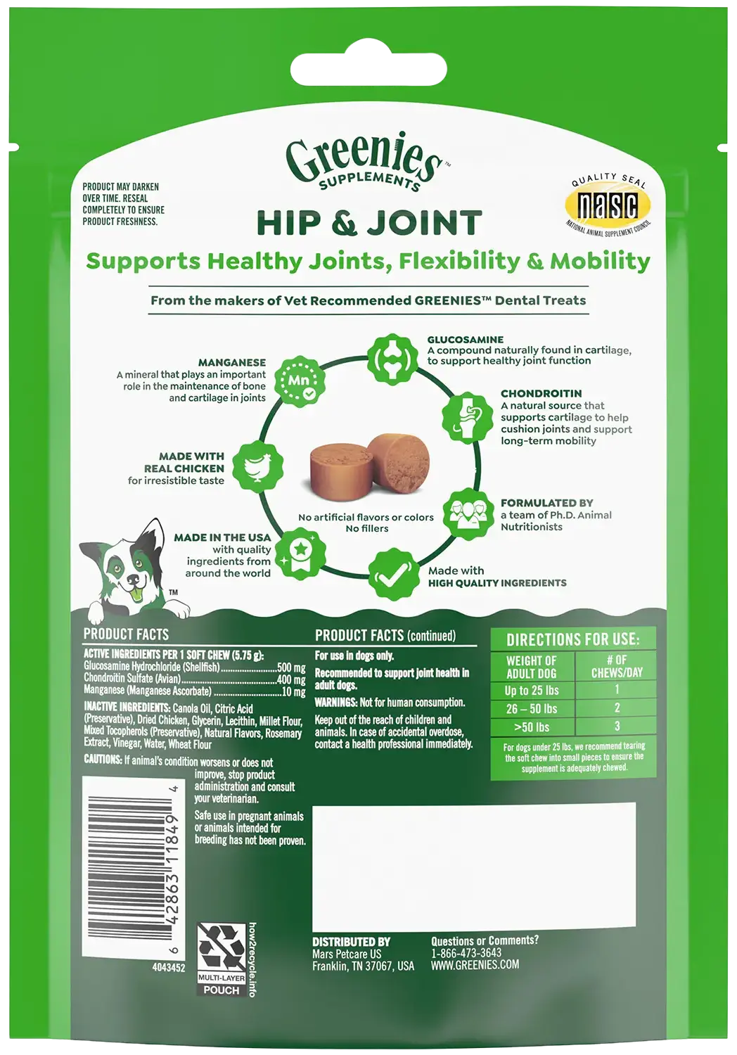 Back of Greenies Hip & Joint Supplement Soft Chews for Adult Dogs Chicken Flavor 30 Count 6.08-oz