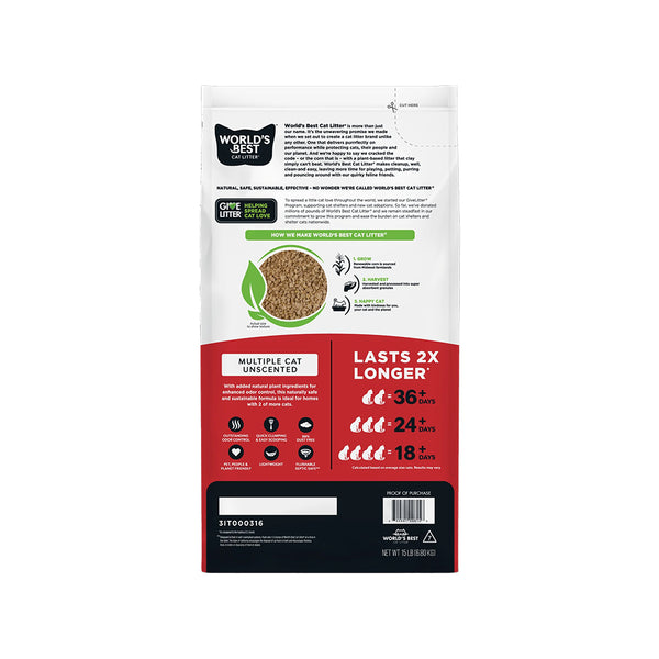 Back of World's Best Cat Litter Multiple Cat Unscented Formula 15-lb