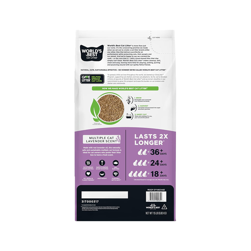 Back of World's Best Cat Litter Multiple Cat Lavender Scented Formula 15-lb