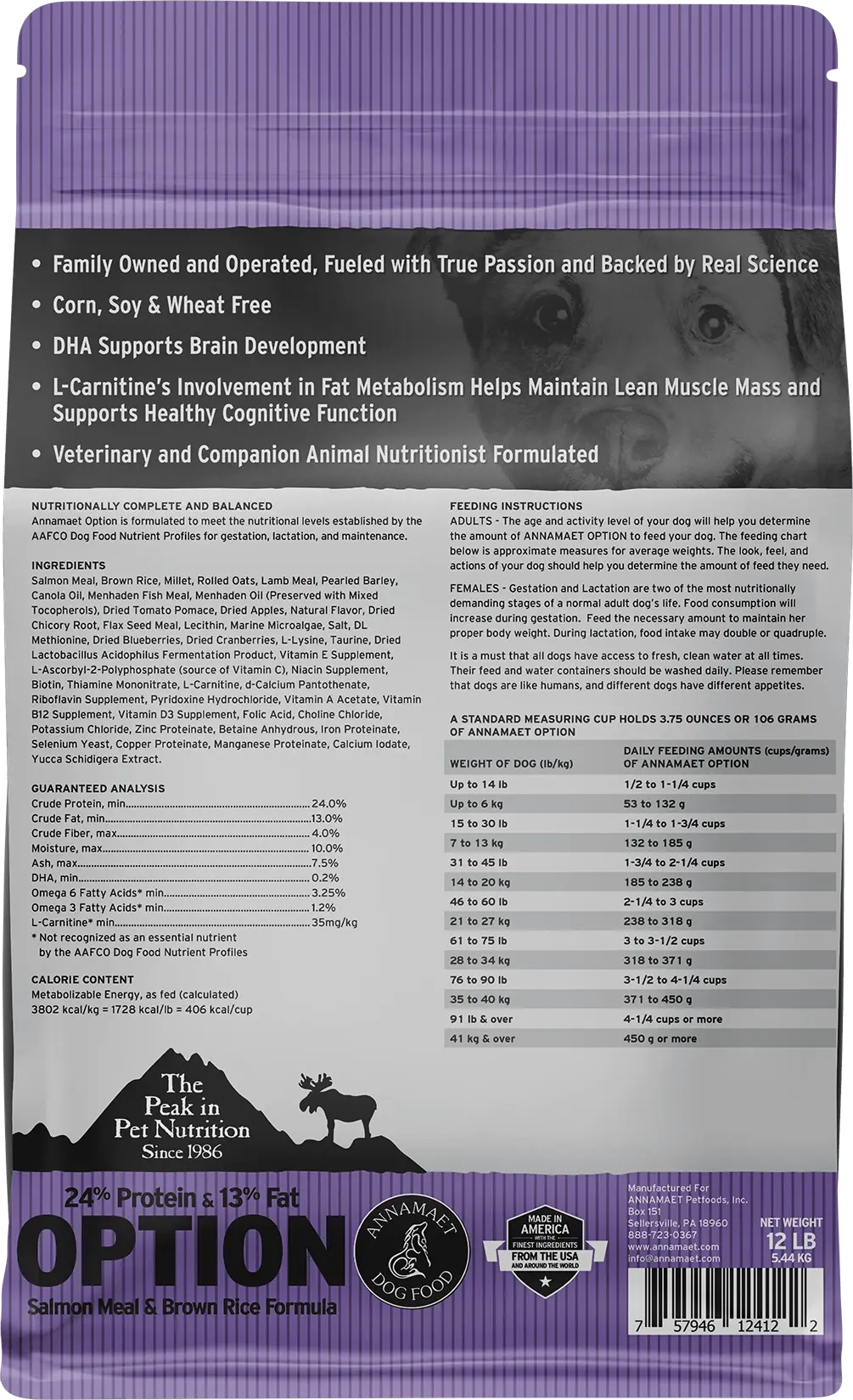 Back of Annamaet Original Option Dry Dog Food Salmon Meal & Brown Rice Formula 12-lb