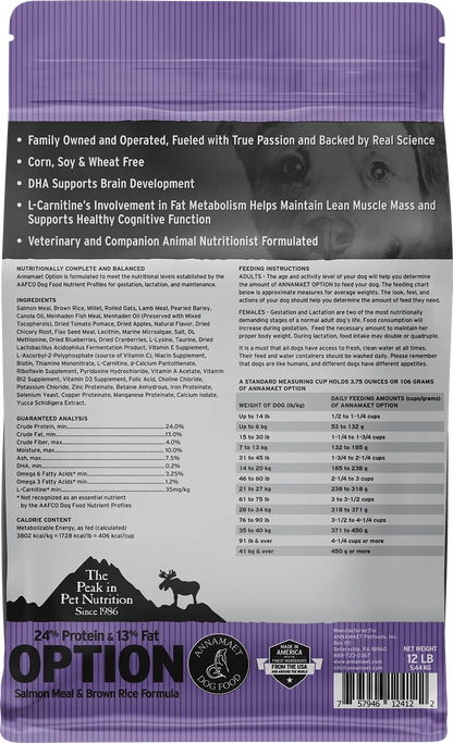 Back of Annamaet Original Option Dry Dog Food Salmon Meal & Brown Rice Formula 12-lb