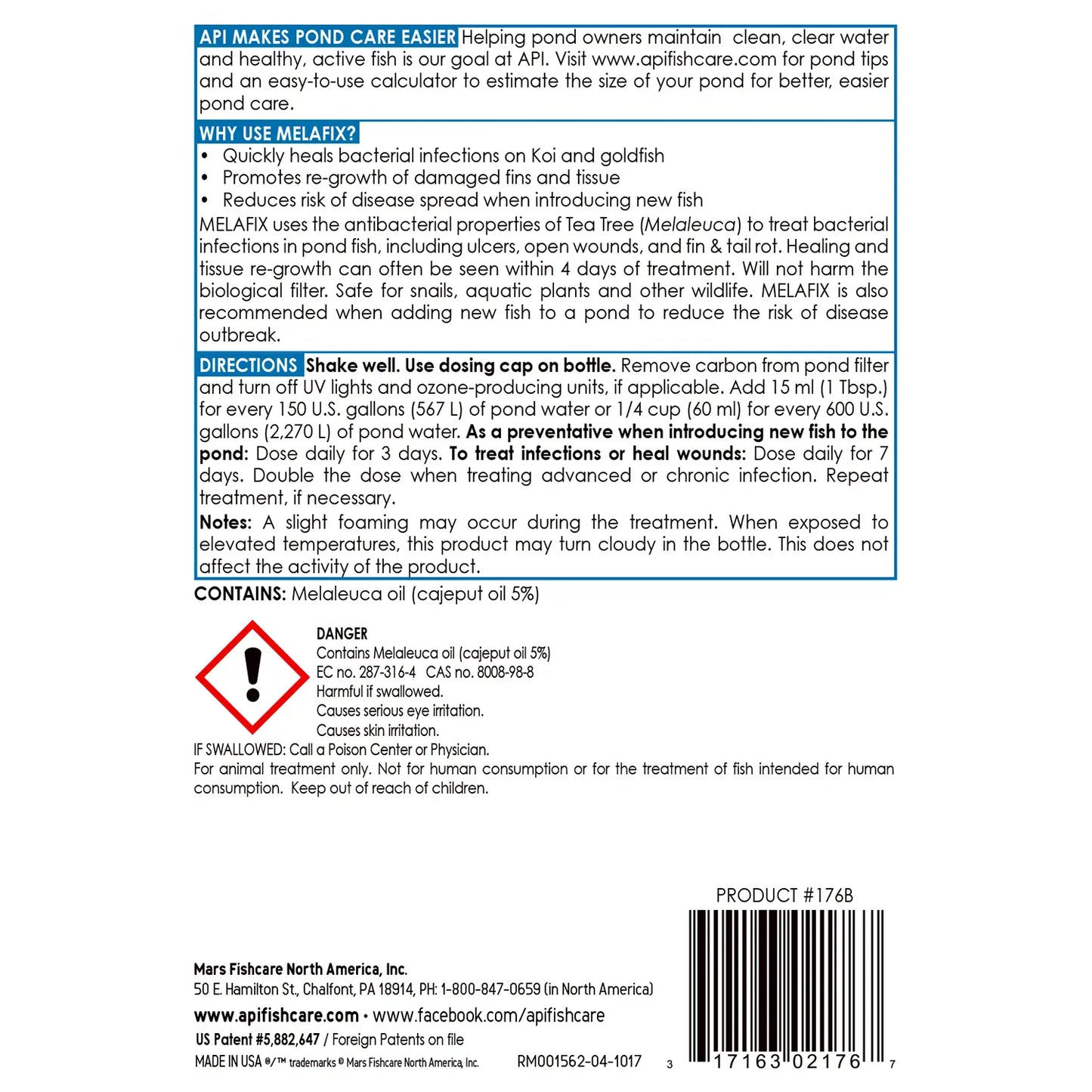 Back of API Pond Melafix Anti-Bacterial Pond Fish Remedy 16-oz