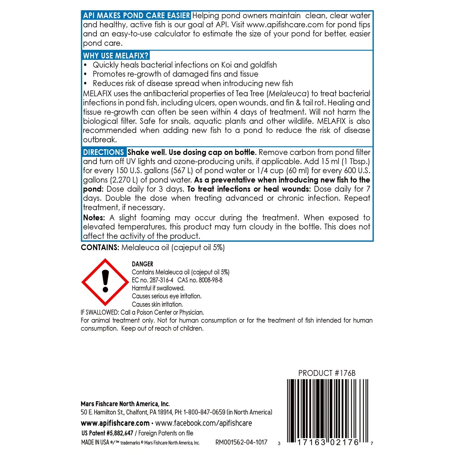 Back of API Pond Melafix Anti-Bacterial Pond Fish Remedy 16-oz