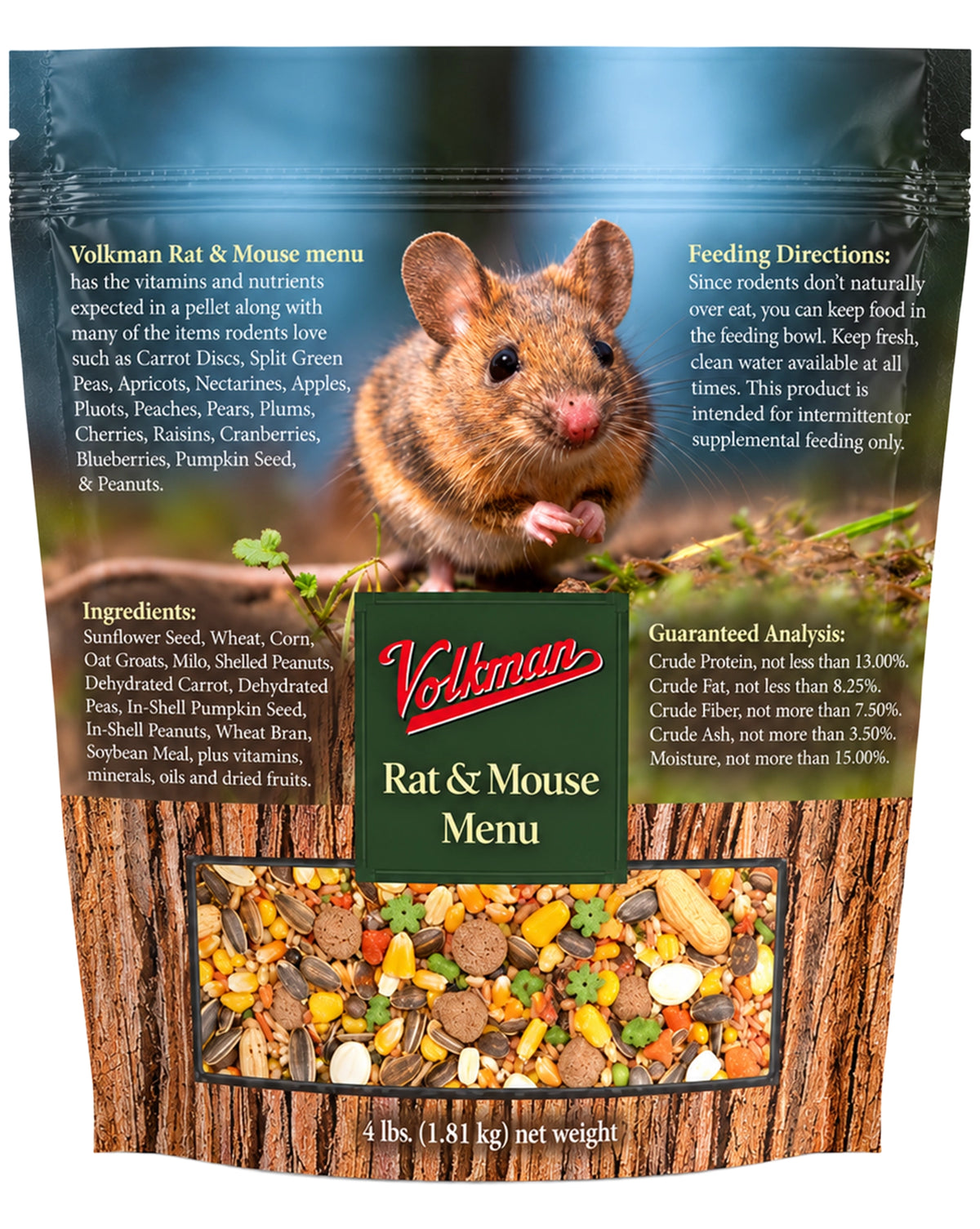 Back of Volkman Seed Company Small Animal Rat & Mouse Menu Dry Food 4-lb